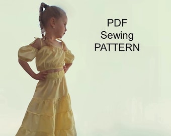 PDF pattern of girl Suit, skirt shuttlecocks pdf pattern, off shoulders top pdf pattern,  pdf patterns for kids, clothing patterns PDF