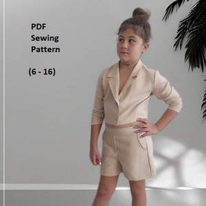 May include: A beige cropped blazer and matching shorts sewing pattern for sizes 6-16. The pattern is for a PDF download.