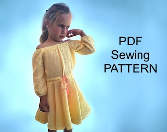 Off shoulders dress pdf pattern, PDF pattern girls, pdf patterns kids, girls sewing patterns, pdf pattern for dress, clothing pattern pdf