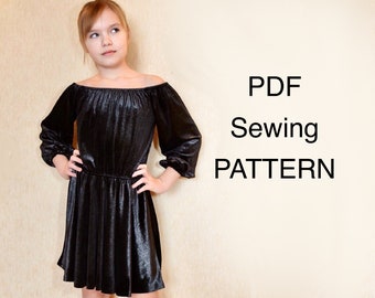 Off shoulders dress pdf pattern, PDF pattern girls, pdf patterns kids, girls sewing patterns, pdf pattern for dress, clothing pattern pdf