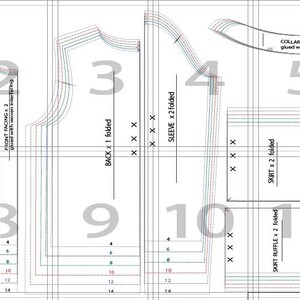 May include: A sewing pattern for a garment with a collar, sleeves, and a skirt. The pattern includes instructions for cutting and sewing the pieces together. The pattern is printed on white paper with black lines.