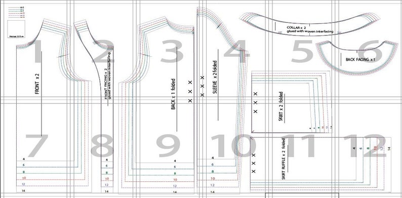 May include: A sewing pattern for a garment with a collar, sleeves, and a skirt. The pattern includes instructions for cutting and sewing the pieces together. The pattern is printed on white paper with black lines.