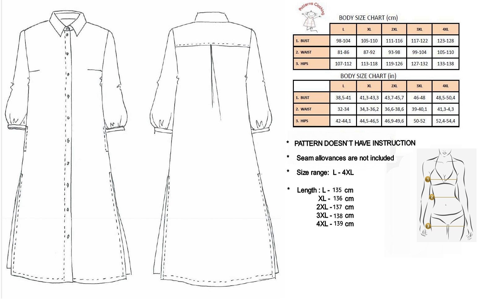 PDF Pattern Long Shirt Dress, PDF Pattern Plus Size Women Clothing