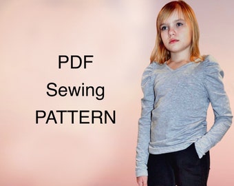 Long sleeve Top PDF pattern, Girls blouse pattern, PDF pattern for girls, pdf patterns for kids, clothing patterns pdf, pdf pattern T-shirt