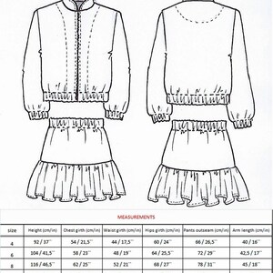 May include: A size chart for a two-piece outfit, showing measurements in inches and centimeters for sizes 4 through 14. The outfit includes a jacket with a zipper and a skirt with a ruffle.
