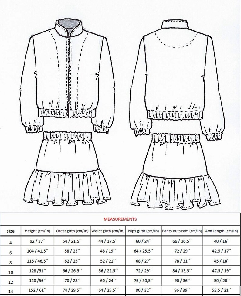 May include: A size chart for a two-piece outfit, showing measurements in inches and centimeters for sizes 4 through 14. The outfit includes a jacket with a zipper and a skirt with a ruffle.