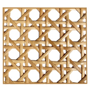 May include: A woven cane webbing sheet with a square shape and a natural brown color. The sheet is made of thin strips of cane woven together in a criss-cross pattern.