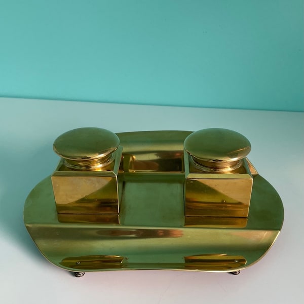 Brass double inkwell holder with glass liners