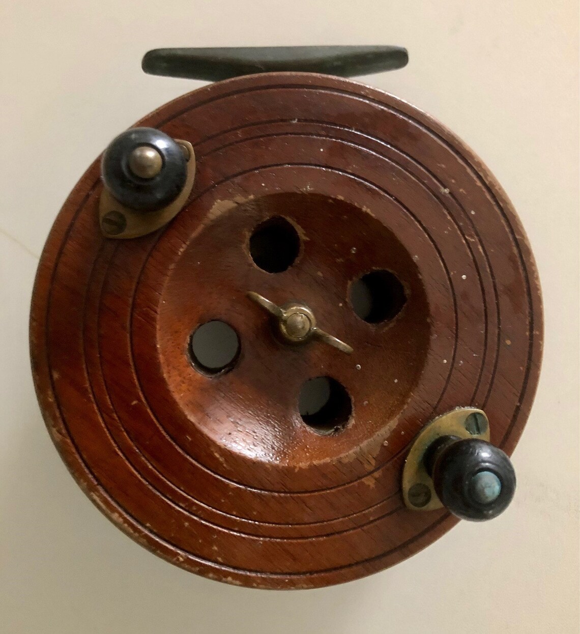 Antique Centre Pin Fishing Reel. Made From Mahogany and Brass. 4.5 Inch