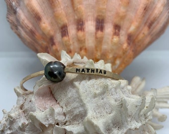 Custom Stamped Tahitian Pearl, Edison Pearl, Maui Shell Bangle