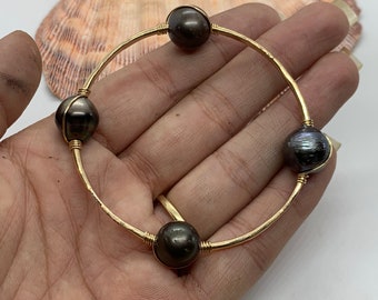 Hawaiian Bangle, Tahitian Pearl Bangle, Gold Bangle, Bracelet