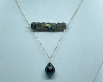 Tahitian Pearl Necklace, Labradorite Necklace, 14k Gold Filled Necklace