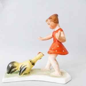 Vintage,Hungarian ceramic,pottery,porcelain figurine,Little girl with rooster FREE SHIPPING WORLDWIDE