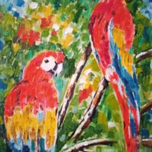 Original Bird Oil Painting Parrots in Jungle, Bird Wall Art, Exotic Home Decor FREE SHIPPING