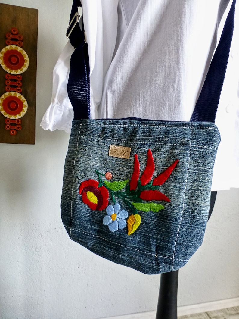 Hungarian Traditional Kalocsa Crossbody bag,Denim bag,Floral handembroidered bag
