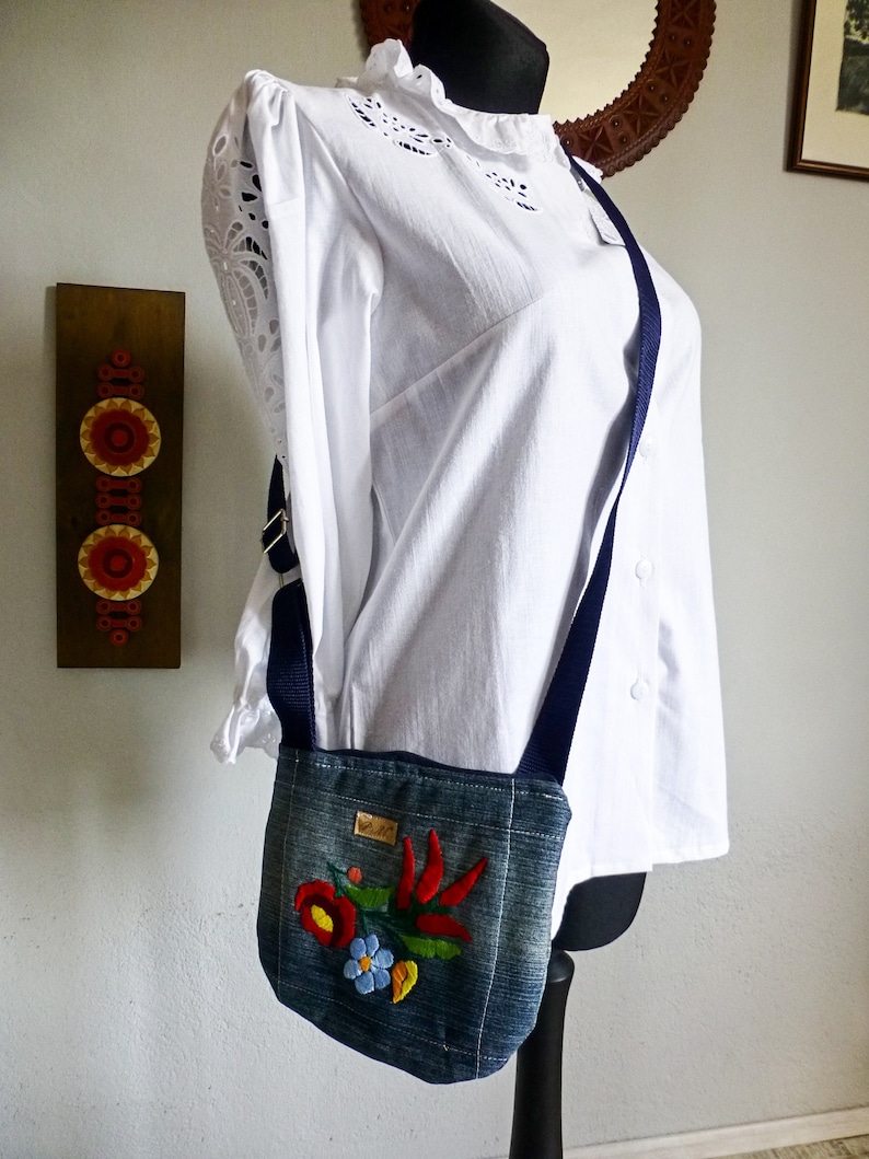 Hungarian Traditional Kalocsa Crossbody bag,Denim bag,Floral handembroidered bag