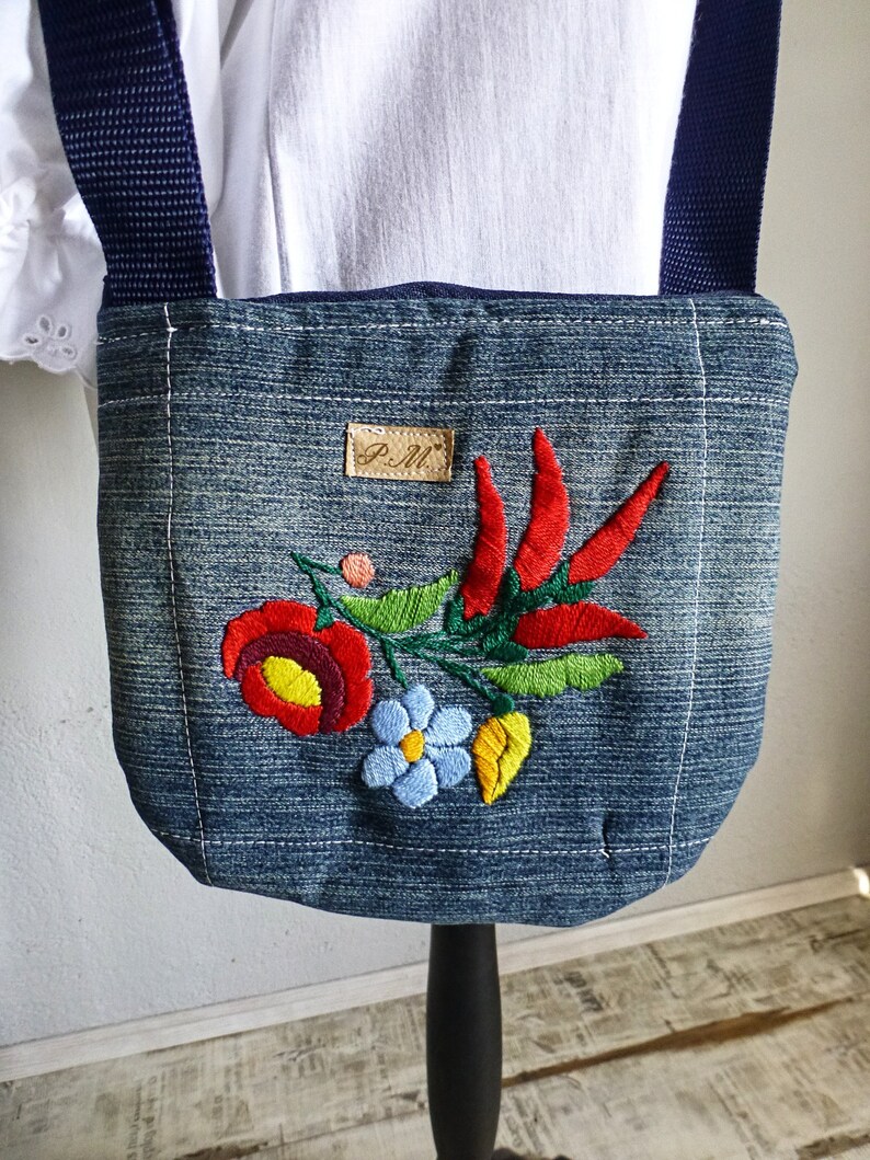 Hungarian Traditional Kalocsa Crossbody bag,Denim bag,Floral handembroidered bag