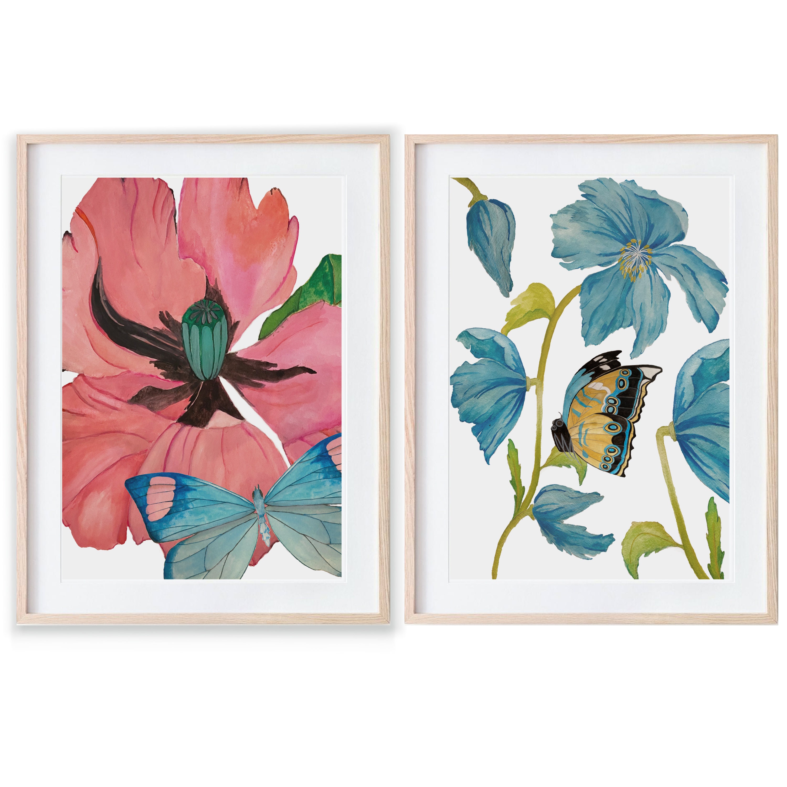 Set of two floral art prints with butterflies botanical art | Etsy
