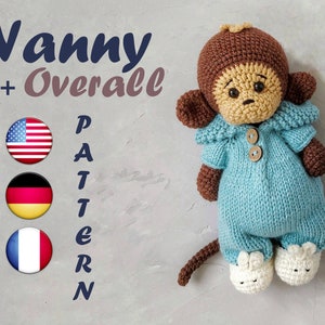 Monkey Crochet Pattern Amigurumi with Outfit ( knit overalls + crochet slippers) | Monkey Nanny in Pajamas | Häkelanleitung PDF Tutorial