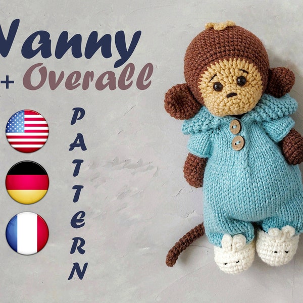 Äffchen Häkelanleitung Amigurumi mit Outfit ( Strickoverall + gehäkelte Hausschuhe) | Affe Nanny im Pyjama | Häkelanleitung PDF Tutorial