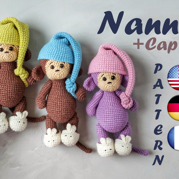 Crochet Monkey Pattern Amigurumi with Outfit (sleeping cap and slippers) | Monkey in Pajamas | Häkelanleitung PDF Tutorial