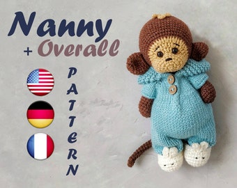 Monkey Crochet Pattern Amigurumi avec tenue (salopette en tricot + pantoufles au crochet) | Nounou singe en pyjama | Tutoriel PDF du manuel de préparation