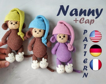 Amigurumi au crochet motif singe avec tenue (bonnet de nuit et chaussons) | Singe en pyjama | Tutoriel PDF sur le guide d'utilisation