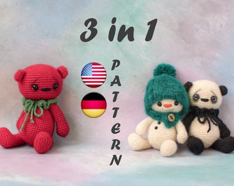 Amigurumi haakpatroon Panda Sneeuwpop Beer - Gehaakte dieren - Häkelanleitung Amigurumi PDF Tutorial 3 in 1 | Tomaat