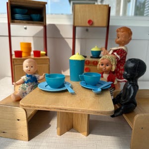 Vintage Wooden Doll Kitchen Set – USSR 1980s, 5 Pieces + Bonus Dishware, Collectible Miniature Furniture