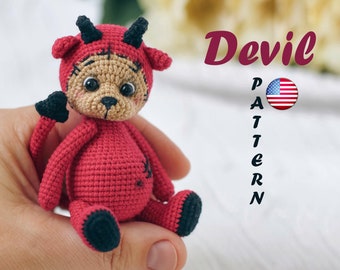 Teddy Bear Devil crochet modèle Amigurumi - Halloween - Lucifer l'ange déchu - Crochet Animaux - Mignon mini petit ours en peluche