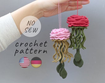 Crochet flowers pattern - Amigurumi Jellyfish Rose - crochet keychain pattern - pincushion pattern - crochet animals - car mirror hanging
