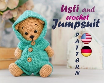 Häkeln Teddybär Kleidung Muster | Amigurumi Schnittmuster Bär | Usti Bär + Häkelpyjama + Hausschuhe | Häkelanleitung Tiere