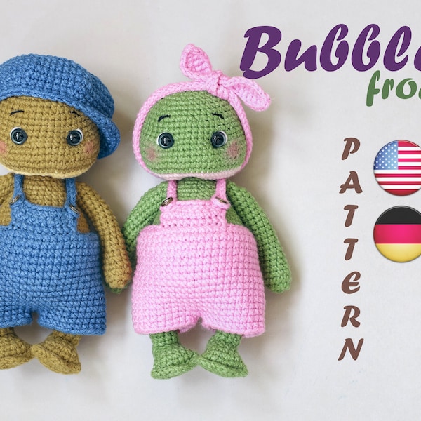 Patrón de rana a crochet amigurumi con ropa mono - Animales de ganchillo - mini rana Bubbles - DIY rana PDF tutorial Hakelanleitung