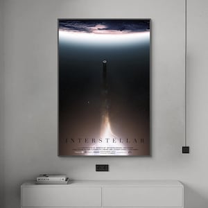 May include: A movie poster for the film "Interstellar" featuring a spacecraft launching into space with a bright trail of light. The poster has a dark background with a faint view of Earth in the distance.