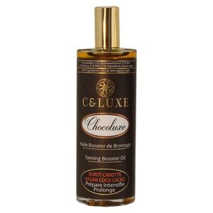 Peut inclure: Une bouteille en verre brun avec un bouchon doré et une étiquette. L'étiquette indique "C&LUXE Chocoluxe Huile Booster de Bronzage Tanning Booster Oil BURITI CAROTTE ARGAN COCO CACAO Prépare Intensifie Prolonge".