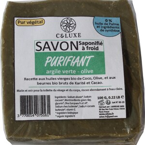 100% natural cold saponified PURIFYING soap, mask effect with green clay, anti-blackheads, Olive, Coconut, Shea, oily and combination skin 100 gr