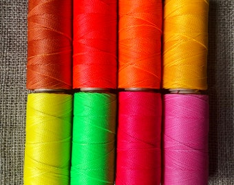 Linhasita neon orange, yellow, green and pink waxed polyester cord 1mm thick, 25 m/82 ft length for macrame