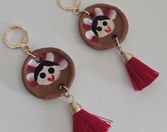 Boucles d'oreilles pour poupée Lele, argile peinte à la main, art populaire mexicain, pampille courte