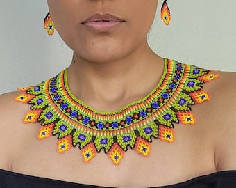 Huichol Beaded Jewelry Set, Mexican Necklace, Earrings