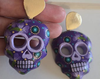 Boucles d'oreilles tête de mort peintes à la main, bijoux en bois de copal, Calavera