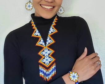 Huichol Beaded Jewelry Set, Mexican Necklace, Earrings, Bracelet