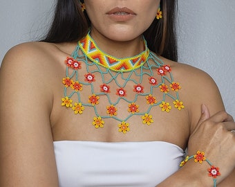 Huichol Beaded Jewelry Set, Mexican Art, Hippy Style