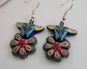 Hand-Painted Clay Deer Earrings, Huichol Mexican Jewelry