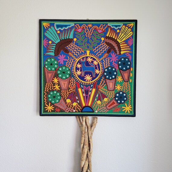 Huichol Yarn Painting, Framed Mexican Folk Art, Wixarika Decor