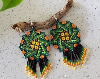 Handmade Huichol Beaded Flower Earrings, Mexican Art