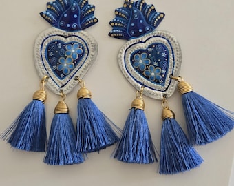 Hand-painted earrings, tin jewelry, Sacred heart, long tassel earrings