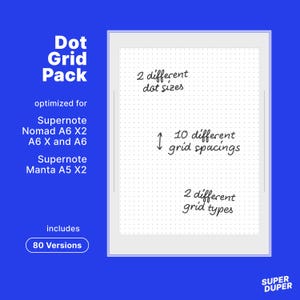 Op de afbeelding: Een witte dot grid pack geoptimaliseerd voor Supernote Nomad en Manta tablets. Het bevat 2 puntgroottes, 10 rasterafstanden en 2 rastertypen. Het pakket bevat 80 versies. De tekst "Dot Grid Pack" staat bovenaan.