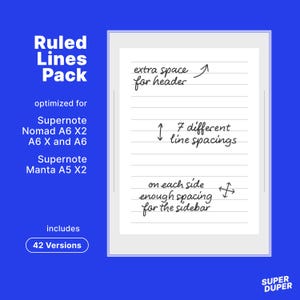 Op de afbeelding: Een digitaal notitieblok met gelijnde pagina's, geoptimaliseerd voor Supernote-apparaten. De afbeelding toont de tekst "Ruled Lines Pack" en details zoals "extra space for header" en "7 different line spacings". Bevat 42 versies.