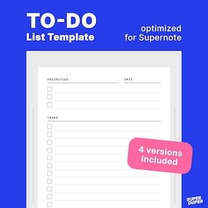 Pode incluir: Um modelo digital de lista de tarefas em branco sobre um fundo azul com o texto TO-DO List Template, otimizado para Supernote, e 4 versões incluídas. O modelo apresenta seções para prioridades e tarefas com caixas de seleção.