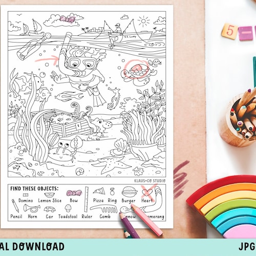 color and find hidden object coloring page printable etsy